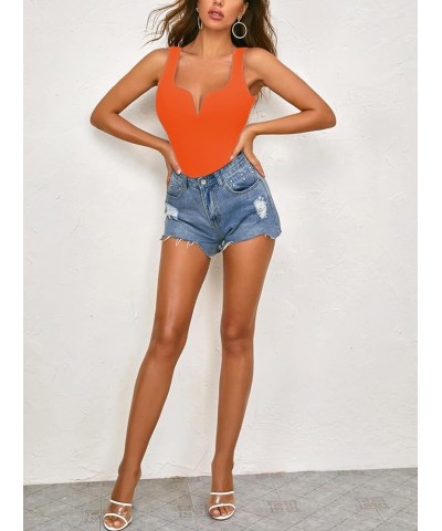 Women's Deep V Bodysuit Sleeveless Tank Tops Thong Leotards Orange $11.96 Lingerie