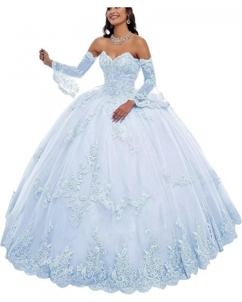 Tulle Quinceanera Dresses Laces Applique Ball Gown with Sleeve Sweetheart Prom Dress Sweet 16 Dress Sky Blue $45.15 Dresses