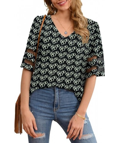 Women's V Neck Chiffon Blouse Mesh Panel Blouse 3/4 Bell Sleeve Loose Top Shirt Black Circle $10.79 Blouses