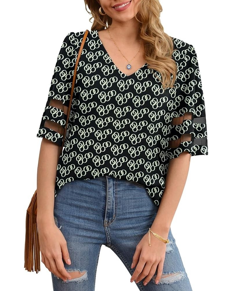 Women's V Neck Chiffon Blouse Mesh Panel Blouse 3/4 Bell Sleeve Loose Top Shirt Black Circle $10.79 Blouses