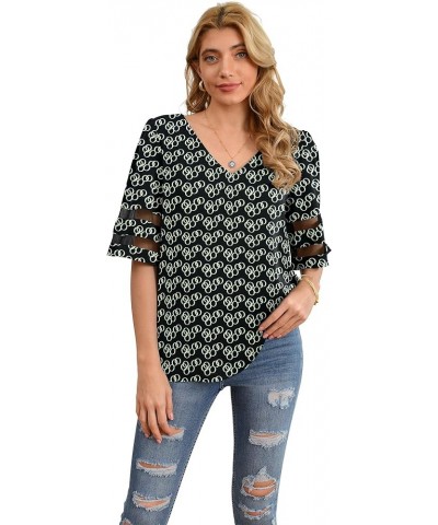 Women's V Neck Chiffon Blouse Mesh Panel Blouse 3/4 Bell Sleeve Loose Top Shirt Black Circle $10.79 Blouses