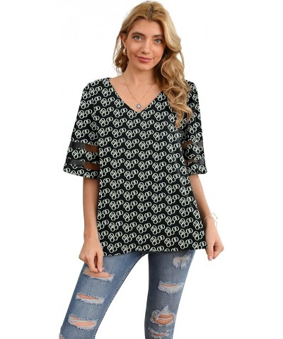 Women's V Neck Chiffon Blouse Mesh Panel Blouse 3/4 Bell Sleeve Loose Top Shirt Black Circle $10.79 Blouses