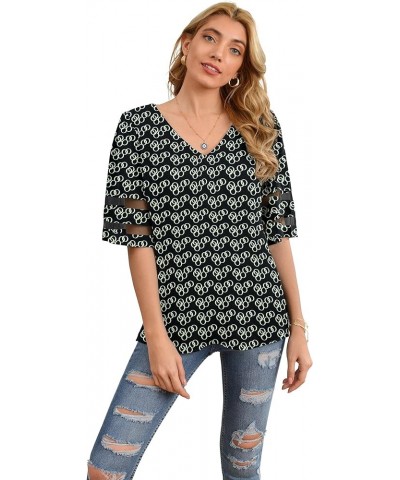 Women's V Neck Chiffon Blouse Mesh Panel Blouse 3/4 Bell Sleeve Loose Top Shirt Black Circle $10.79 Blouses