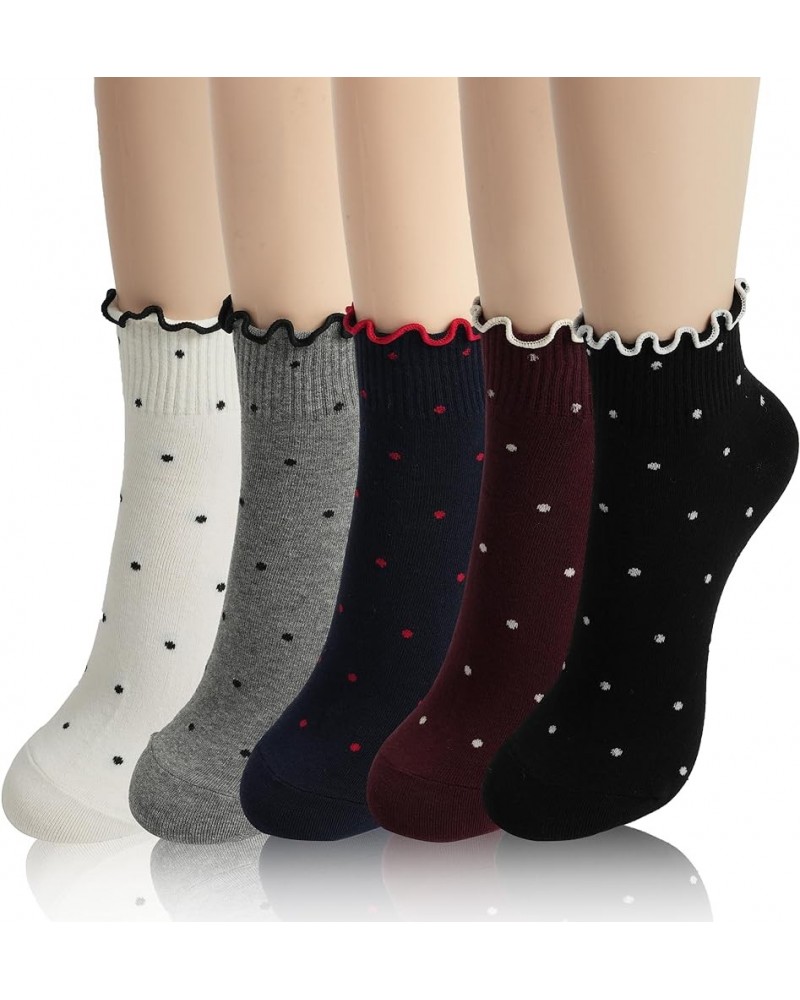 Women Ankle Socks | 5-6 Pairs Ruffle Heart Frill Polka Dots Design Novelty Emoji Print | Korean Daily Cotton Socks | US 6-8 R...