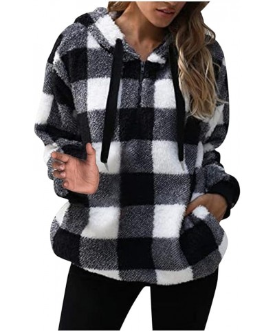 Fleece Hoodies For Women 2023 Fashion Fuzzy Warm Cozy Sherpa Oversized Sweatshirt 1/4 Zip Plaid Pullover Jacket Tops 01✡black...