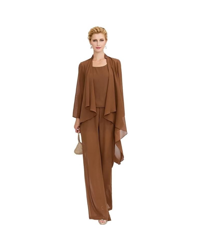 Mother of The Bride Dresses 3 Pieces Pants Suits Chiffon Outfit Mother of The Groom Dresses with Jacket Brown $33.86 Suits