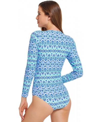 Women's Rash Guard One Piece Long Sleeve Swimsuit Zip Front Printed Surfing Swimwear Blue $15.68 Swimsuits