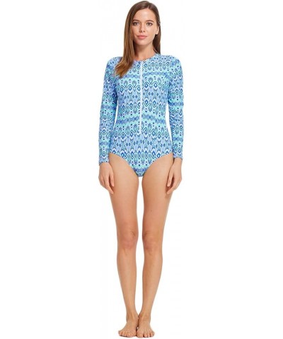 Women's Rash Guard One Piece Long Sleeve Swimsuit Zip Front Printed Surfing Swimwear Blue $15.68 Swimsuits