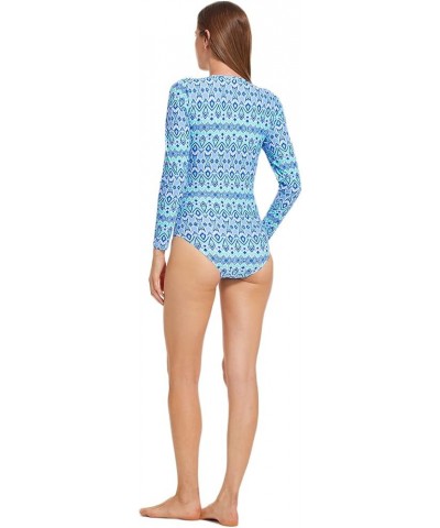 Women's Rash Guard One Piece Long Sleeve Swimsuit Zip Front Printed Surfing Swimwear Blue $15.68 Swimsuits