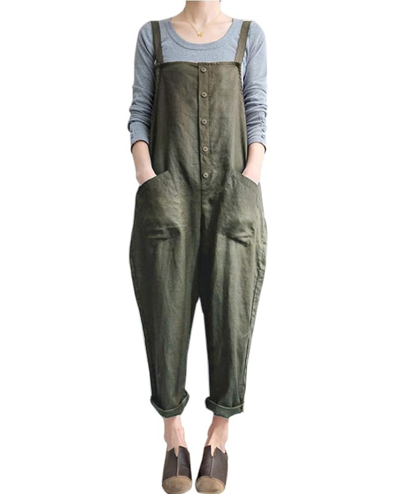 Women's Baggy Loose Cotton Linen Bib Overalls Jumpsuits Army Green $11.79 Overalls