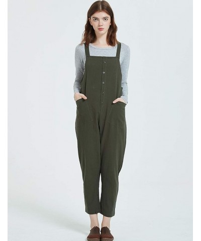 Women's Baggy Loose Cotton Linen Bib Overalls Jumpsuits Army Green $11.79 Overalls