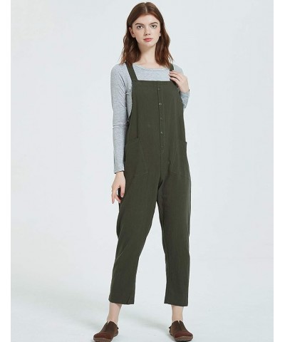 Women's Baggy Loose Cotton Linen Bib Overalls Jumpsuits Army Green $11.79 Overalls