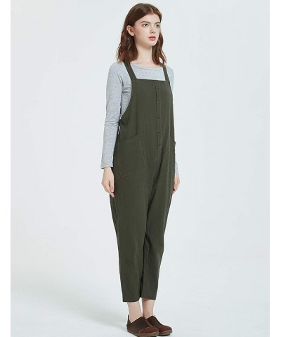 Women's Baggy Loose Cotton Linen Bib Overalls Jumpsuits Army Green $11.79 Overalls