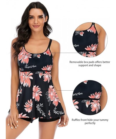 Womens Athletic Swimsuits for Women Two Piece Tankini with High Waisted Boyshorts Floral Printed Bathing Suits C2 Black White...