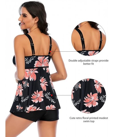 Womens Athletic Swimsuits for Women Two Piece Tankini with High Waisted Boyshorts Floral Printed Bathing Suits C2 Black White...