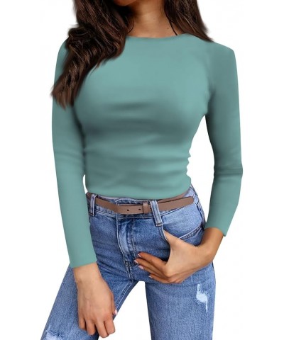 Causal Tops for Women Cool Yoga Stretch Solid Color Long Sleeve Blouse Comfy Crew Neck Trendy Slim Fit Soft T-Shrit 02-mint G...