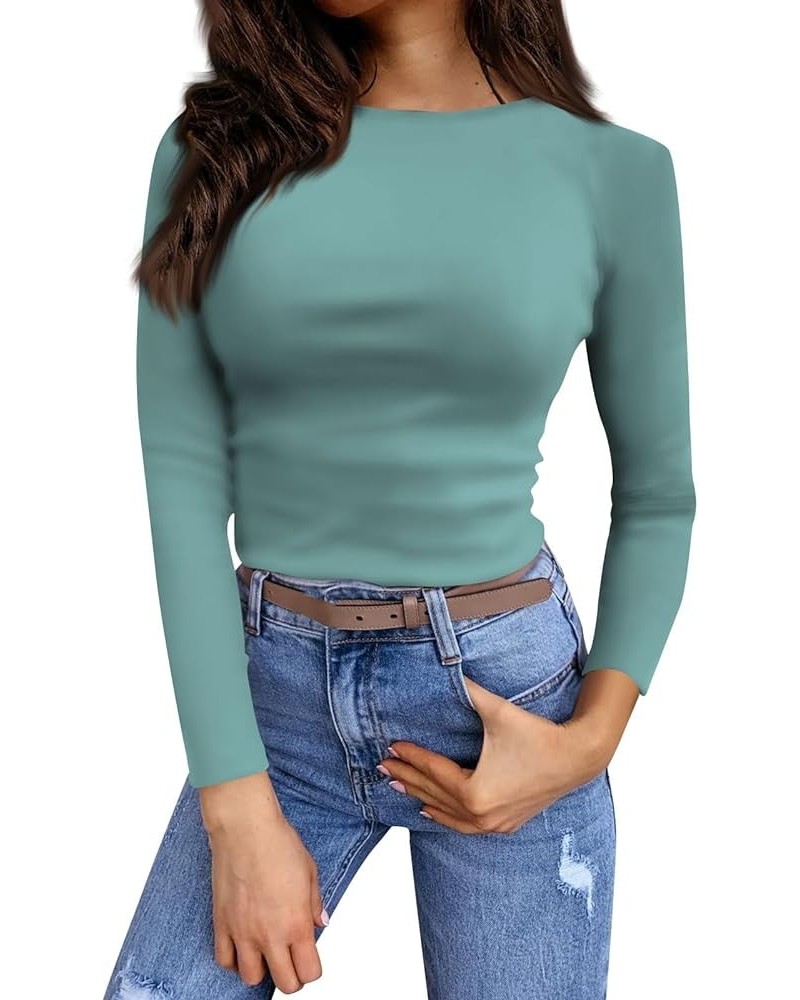 Causal Tops for Women Cool Yoga Stretch Solid Color Long Sleeve Blouse Comfy Crew Neck Trendy Slim Fit Soft T-Shrit 02-mint G...