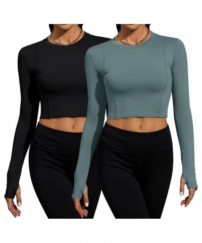 Women Workout Shirts 1/2/3 Pack Athletic Compression Tee Dry Fit Yoga Gym Basic Tops E1_2 Pack_black&gray-blue_cropped Long S...