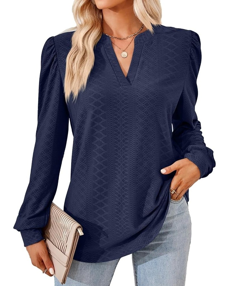 Women Tops Blouse Causal Shirts Puff Long Sleeve Tunic V Neck Navy Blue $14.56 Tops