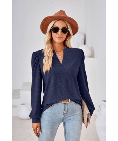 Women Tops Blouse Causal Shirts Puff Long Sleeve Tunic V Neck Navy Blue $14.56 Tops