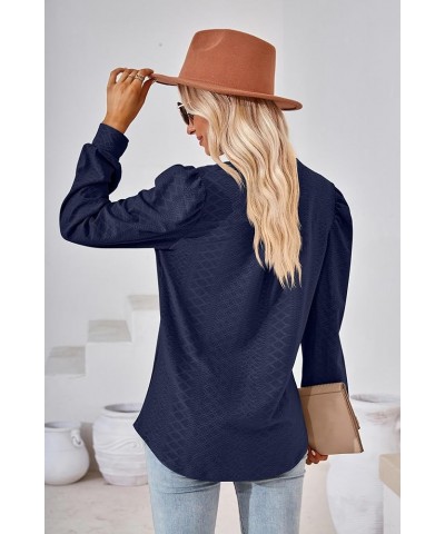 Women Tops Blouse Causal Shirts Puff Long Sleeve Tunic V Neck Navy Blue $14.56 Tops