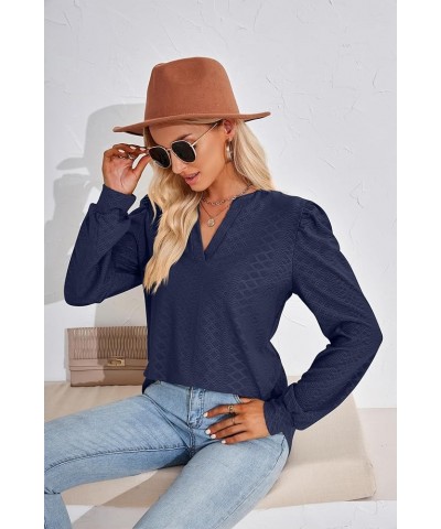 Women Tops Blouse Causal Shirts Puff Long Sleeve Tunic V Neck Navy Blue $14.56 Tops