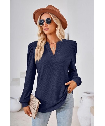 Women Tops Blouse Causal Shirts Puff Long Sleeve Tunic V Neck Navy Blue $14.56 Tops