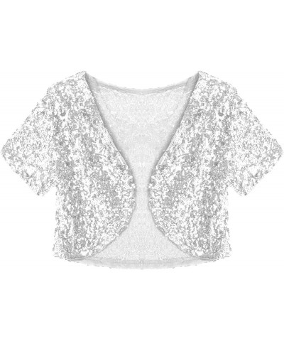 Women's Shiny Sequin Jacket Short Sleeve Open Front Cardigan Jacket Bolero Shrug Coat Tops Silver $13.99 Sweaters