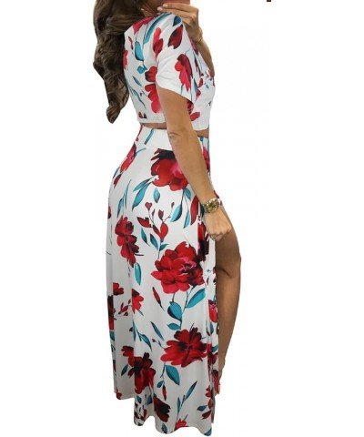 Women's Summer 2 Piece Outfits Sleeveless Ruffle Crop Top High Waist Maxi Long Skirt Set 03white Red1 $16.80 Suits