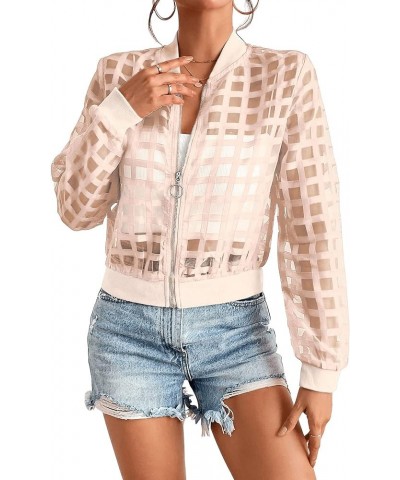 Women's Hollow Out Long Sleeve Baseball Collar Zip Up Bomber Jacket Light Pink $16.92 Jackets