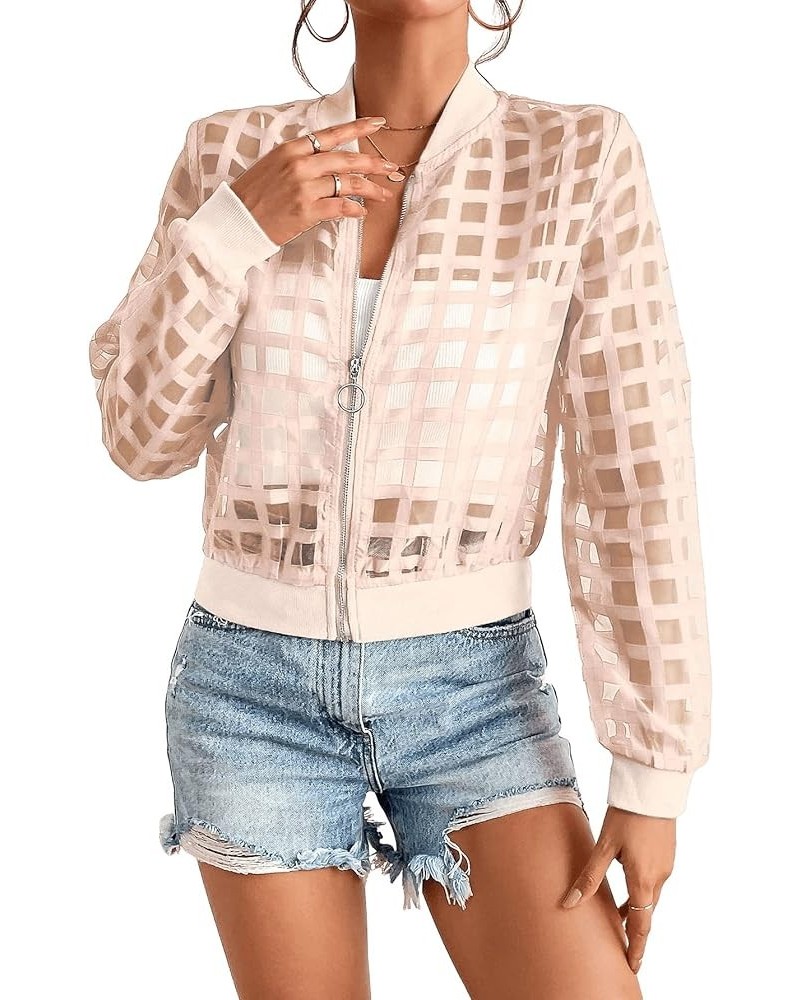 Women's Hollow Out Long Sleeve Baseball Collar Zip Up Bomber Jacket Light Pink $16.92 Jackets