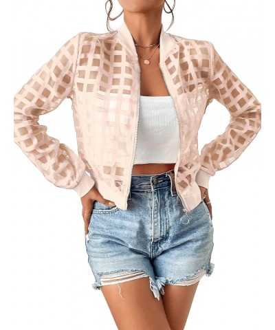 Women's Hollow Out Long Sleeve Baseball Collar Zip Up Bomber Jacket Light Pink $16.92 Jackets