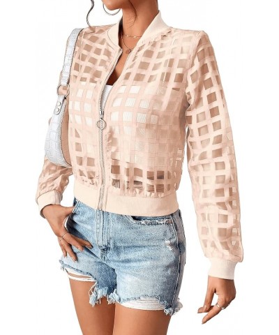 Women's Hollow Out Long Sleeve Baseball Collar Zip Up Bomber Jacket Light Pink $16.92 Jackets