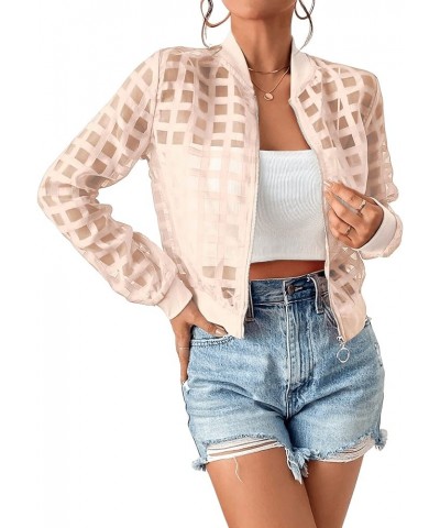 Women's Hollow Out Long Sleeve Baseball Collar Zip Up Bomber Jacket Light Pink $16.92 Jackets