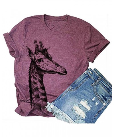 Womens Summer Giraffe Printed T-Shirt Funny Cute Animal Graphic Tees Tops T-red $13.19 T-Shirts