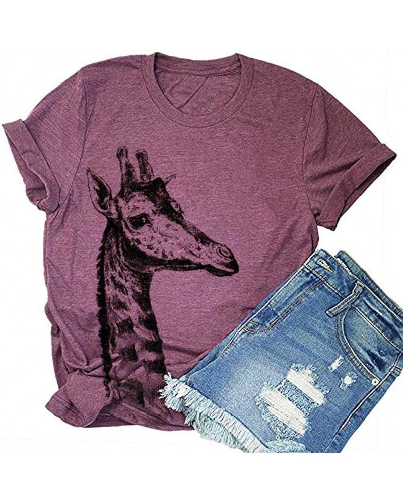 Womens Summer Giraffe Printed T-Shirt Funny Cute Animal Graphic Tees Tops T-red $13.19 T-Shirts