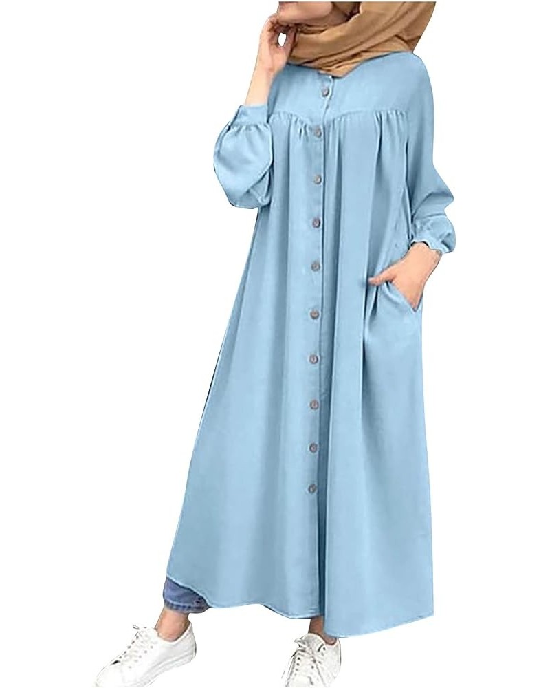 Muslim Dresses for Women Long Retro Hooded Long Sleeve Solid Color Round Neck Maxi Dresses 1-sky Blue $13.72 Dresses