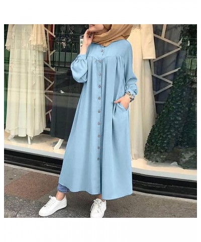 Muslim Dresses for Women Long Retro Hooded Long Sleeve Solid Color Round Neck Maxi Dresses 1-sky Blue $13.72 Dresses