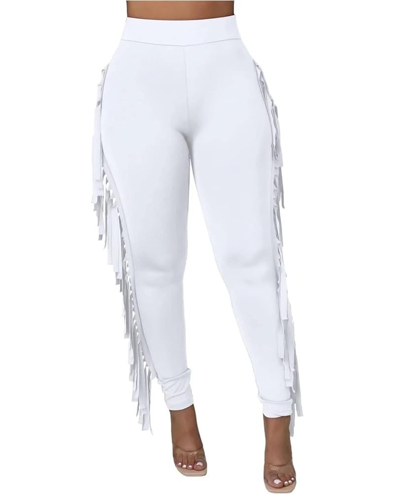 Women Fringe Pants High Waist Tassle Side Leggings Long Pants Skinny Joggers Sweatpants B Soild White $16.49 Activewear