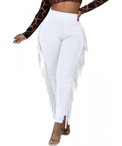 Women Fringe Pants High Waist Tassle Side Leggings Long Pants Skinny Joggers Sweatpants B Soild White $16.49 Activewear