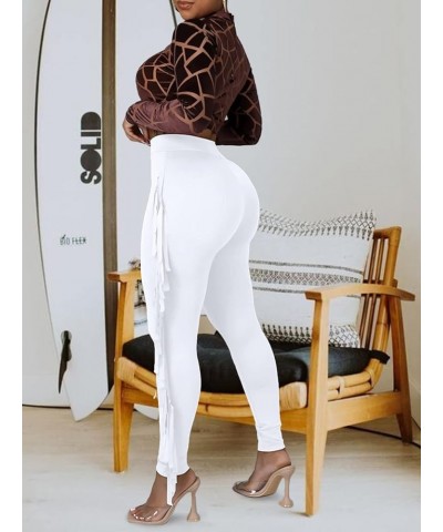 Women Fringe Pants High Waist Tassle Side Leggings Long Pants Skinny Joggers Sweatpants B Soild White $16.49 Activewear