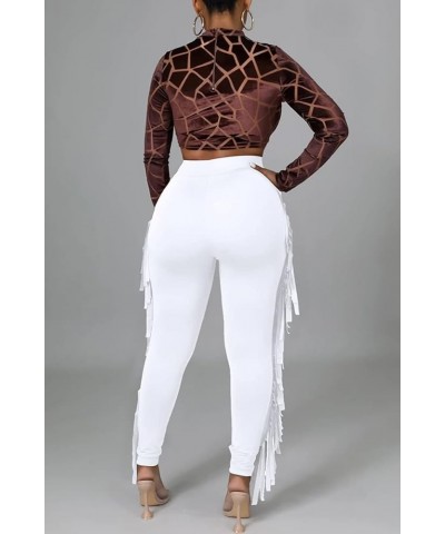 Women Fringe Pants High Waist Tassle Side Leggings Long Pants Skinny Joggers Sweatpants B Soild White $16.49 Activewear