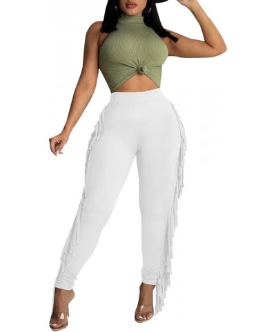 Women Fringe Pants High Waist Tassle Side Leggings Long Pants Skinny Joggers Sweatpants B Soild White $16.49 Activewear