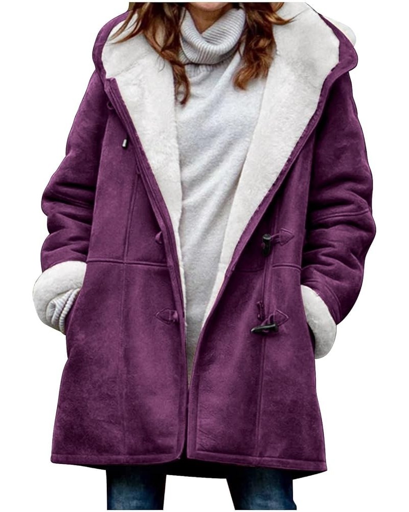 Womens Hooded Winter Jackets Button Down Warm Coats Solid Plaid Puffer Jacket Casual Trendy Trench Coat Outerwear Purple 01 $...