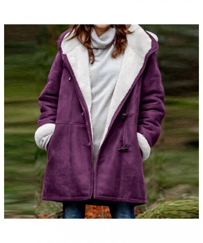 Womens Hooded Winter Jackets Button Down Warm Coats Solid Plaid Puffer Jacket Casual Trendy Trench Coat Outerwear Purple 01 $...