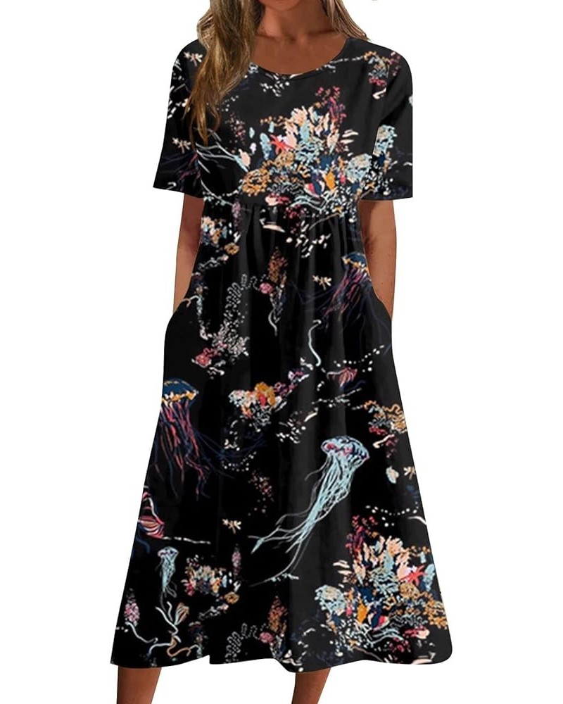 Dresses for Women 2023 Summer Boho O-Neck Pocket Dress Casual Print Short Crewneck Spring Dress Mother's Gift 06-navy $9.40 D...