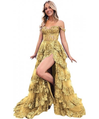 Off The Shoulder Prom Dresses for Women 2024 Sequin Appliques Multi-Layers Formal Evening Dresses with Slit Gold $56.40 Dresses