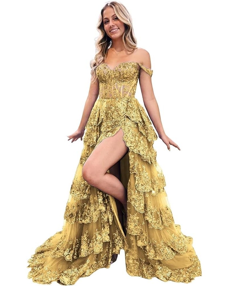 Off The Shoulder Prom Dresses for Women 2024 Sequin Appliques Multi-Layers Formal Evening Dresses with Slit Gold $56.40 Dresses