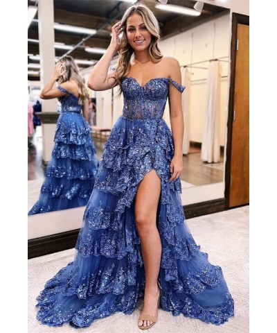 Off The Shoulder Prom Dresses for Women 2024 Sequin Appliques Multi-Layers Formal Evening Dresses with Slit Gold $56.40 Dresses