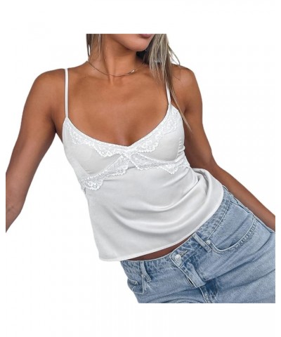 Women Y2k Spaghetti Strap Cami Top Sleeveless Lace Trim Sheer Mesh Crop Tops Backless Tie Up Vest Going Out Tops D-white $8.5...